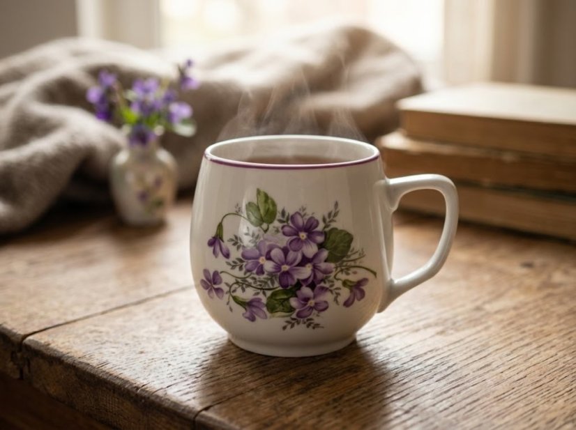 Porcelánový hrnček, Fialky, Český porcelán Dubí, Baňák, 300 ml