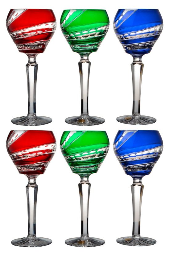 Barevné broušené sklenice na víno, mix barev, Glamour Crystal, 6 ks