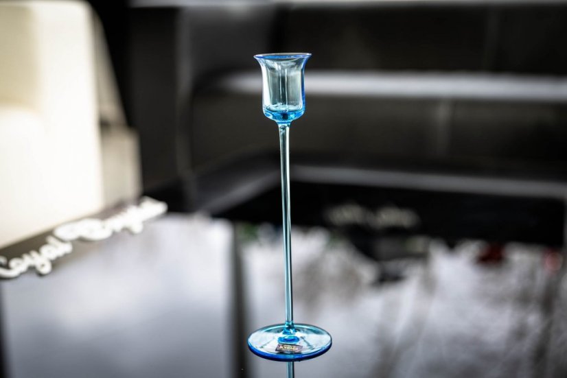 Skleněný svícen, Květná 1794, tall safir 24 cm