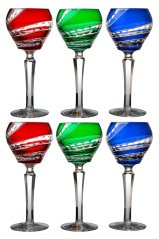 Barevné broušené sklenice na víno, mix barev, Glamour Crystal, 6 ks