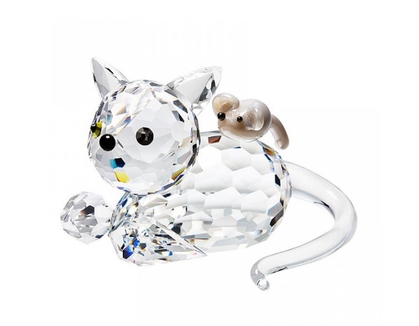 Skleněná figurka Kočička s myší z českého křišťálu Preciosa
